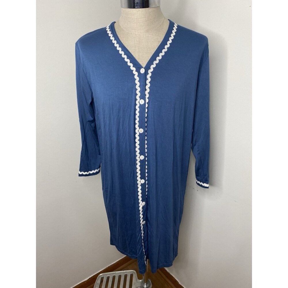 Cheibear Women's V Neck Pajama Sleepdress Nightgown Blue Embroidered M Button PJ
